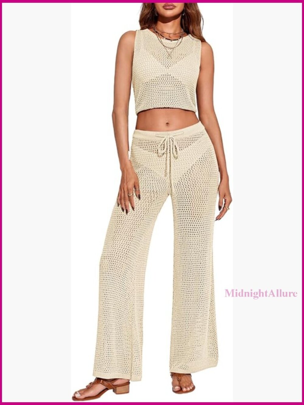 Crochet Swimsuit Cover Up Set Sleeveless Crop Top Drawstring Pants Beach